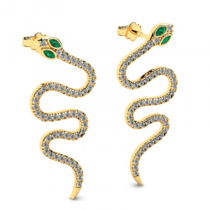 Kolczyki złote węże z zielonymi cyrkoniami