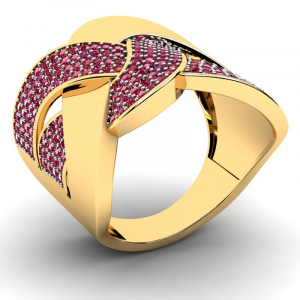 Szeroki pierścionek złoty czerwone cyrkonie 