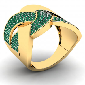 Szeroki pierścionek złoty zielone cyrkonie 