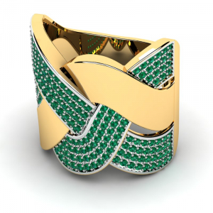 Szeroki pierścionek złoty zielone cyrkonie 