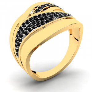 Szeroki pierścionek złoty z czarnymi brylantami