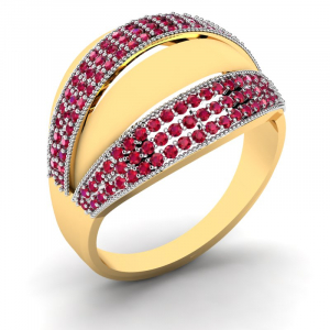 Szeroki pierścionek złoty z czerwonymi cyrkoniami 