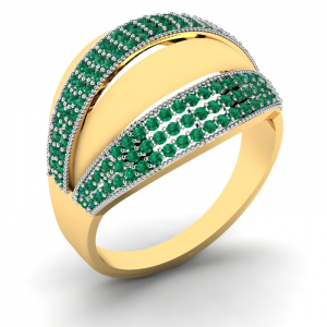Szeroki pierścionek złoty z zielonymi cyrkoniami 