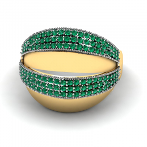 Szeroki pierścionek złoty z zielonymi cyrkoniami 