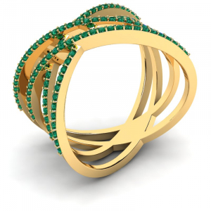 Efektowny pierścionek złoty z zielonymi cyrkoniami