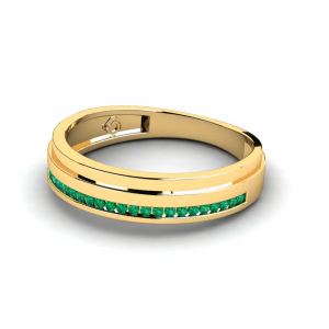 Szeroki pierścionek złoty z zielonymi cyrkoniami