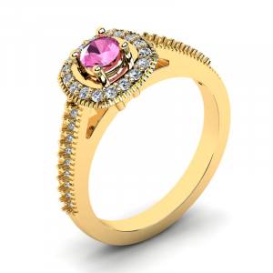 Pierścionek złoty halo z różową cyrkonią