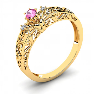 Pierścionek złoty zdobiony różowa cyrkonia 3mm 