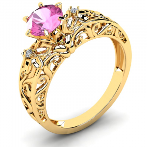 Pierścionek złoty zdobiony różowa cyrkonia 6mm 