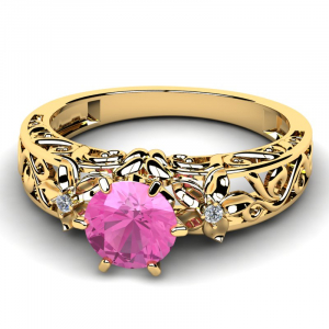 Pierścionek złoty zdobiony różowa cyrkonia 6mm 