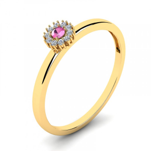 Pierścionek złoty halo z różową cyrkonią 2mm 