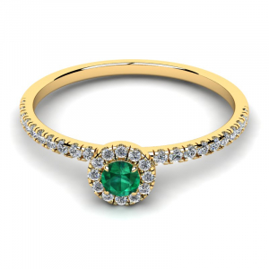 Pierścionek złoty halo z zieloną cyrkonią 3mm 