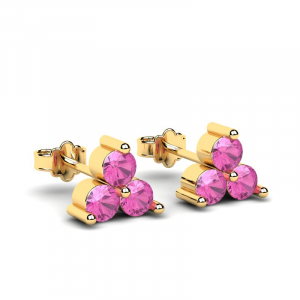Kolczyki złote trzy różowe cyrkonie 3mm