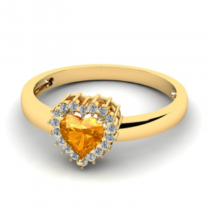 Pierścionek złoty serce z pomarańczową cyrkonią