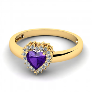 Pierścionek złoty serce z fioletową cyrkonią