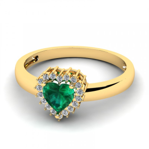 Pierścionek złoty serce z zieloną cyrkonią