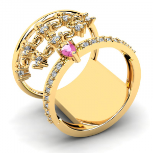 Pierścionek złoty z różową cyrkonią