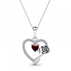 Naszyjnik srebrny serce z różą bordowa cyrkonia