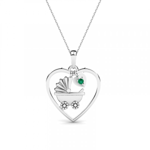 Naszyjnik srebrny wózek w sercu zielona cyrkonia