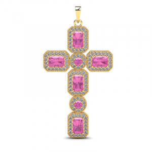 Wisiorek złoty krzyż z różowymi cyrkoniami 14kr