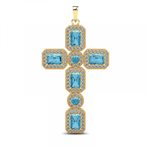Wisiorek złoty krzyż z niebieskimi cyrkoniami