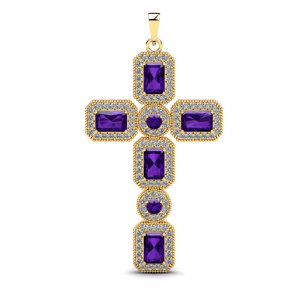 Wisiorek złoty krzyż z fioletowymi cyrkoniami