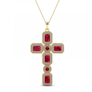 Naszyjnik złoty krzyż rubiny z brylantami