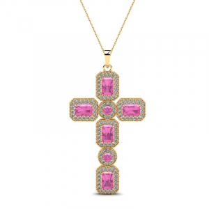 Naszyjnik złoty krzyż z różowymi cyrkoniami 14kr