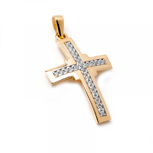 Krzyżyk złoty błyszczący z cyrkoniami 14kr