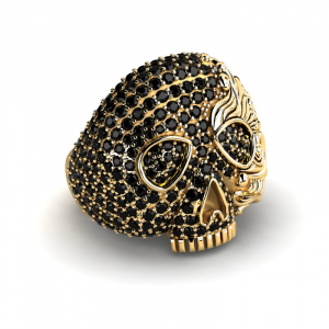 Sygnet złoty czaszka z czarnymi cyrkoniami