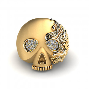 Sygnet złoty czaszka z brylantami 0,20ct grawer