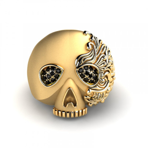 Sygnet złoty czaszka z czarnymi cyrkoniami 14kr