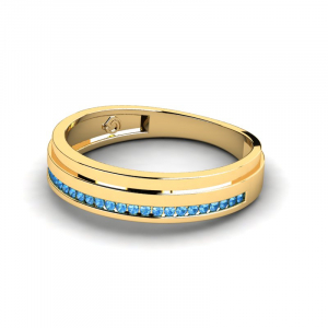 Szeroki pierścionek złoty z niebieskimi cyrkoniami
