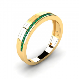 Szeroki pierścionek złoty z zielonymi cyrkoniami