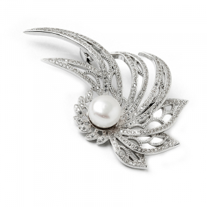 Broszka srebrna kwiat z cyrkoniami i perłą