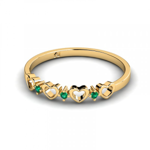 Pierścionek złoty serca z zielonymi cyrkoniami